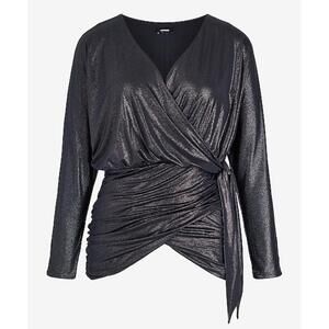 NWT Metallic Surplice Blouse Long Sleeves Wrap Design Side Tie